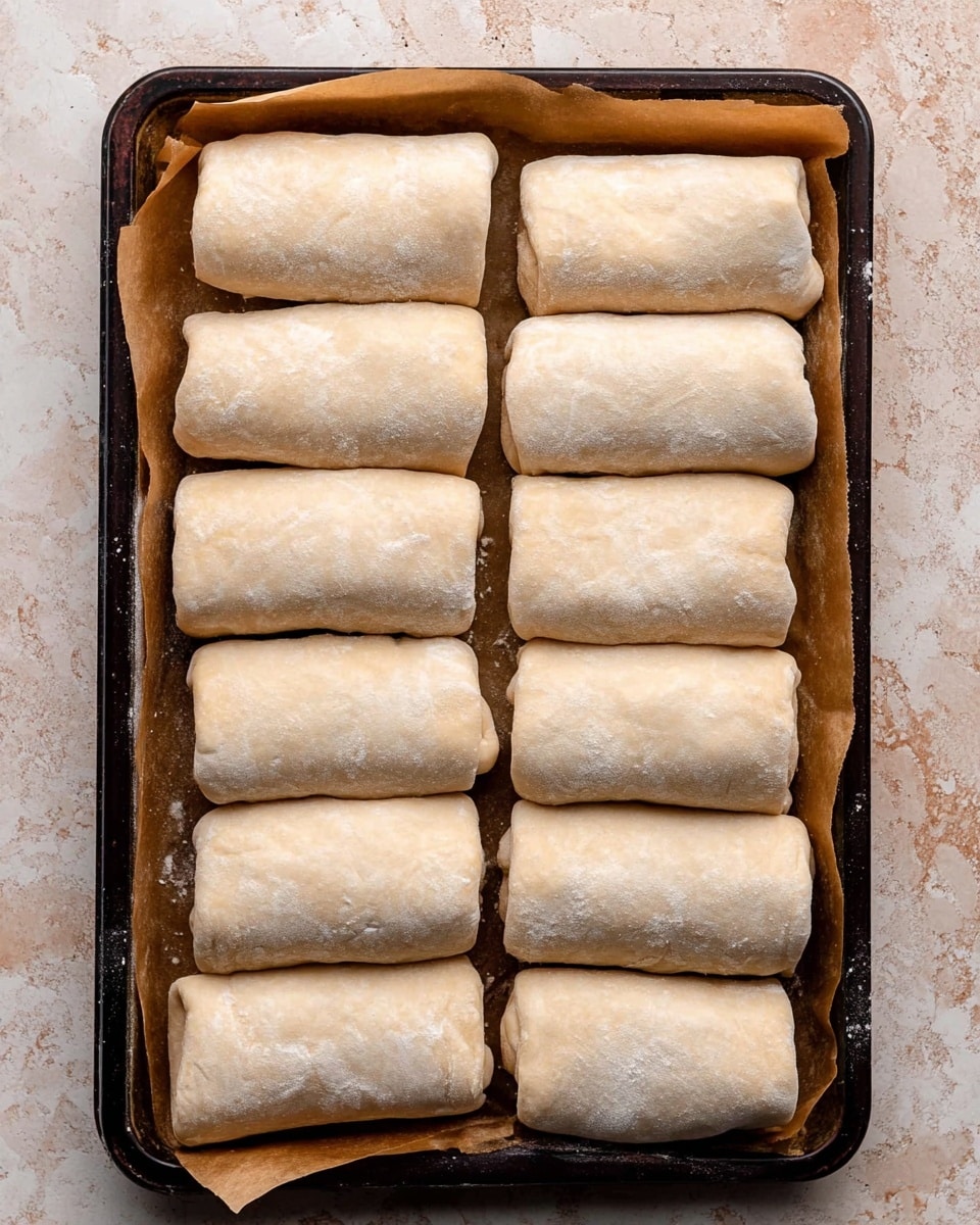 The image shows a dark baking tray lined with brown parchment paper, holding 13 rolled dough pieces arranged neatly in rows. Each piece has a smooth, pale, lightly floured pastry surface with slight folds and sealed edges. The dough looks soft and uncooked, and the tray sits on a white marbled textured surface. photo taken with an iphone --ar 4:5 --v 7