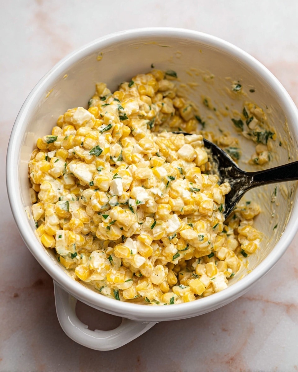 A white bowl filled with a creamy mixture of yellow corn kernels and small chunks of white cheese, mixed with small green leafy bits. The texture looks thick and slightly chunky with a light yellow cream holding it all together. A black spoon is inside the bowl with some of the mixture lifted on it. The bowl has a handle and rests on a white marbled surface. photo taken with an iphone --ar 4:5 --v 7