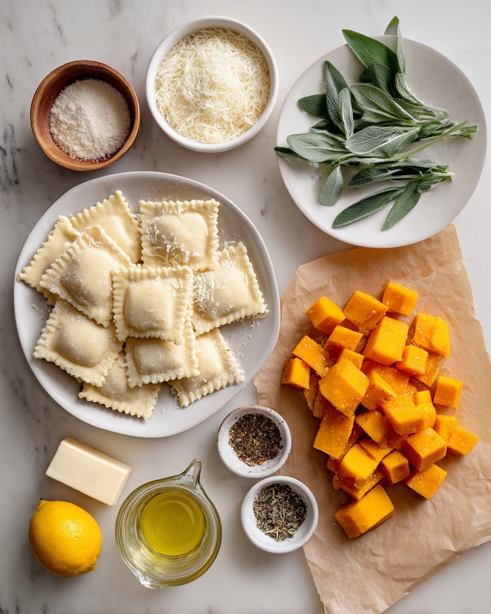 The image shows a white container filled with square ravioli pasta in the top left, next to a small white bowl of grated Parmesan cheese at the top center. Below the cheese, there is a white shallow plate with fresh green sage leaves. To the right, a clear glass measuring cup holds white wine and is placed on a white marbled surface. At the bottom right, orange cubed butternut squash spreads across brown parchment paper with a small white dish of olive oil near it. Seasoning blends of salt, pepper, ground nutmeg, and dried thyme rest above the squash in a wooden bowl. On the bottom left, a white stick of butter and a lemon sit on the white marbled surface. The photo taken with an iphone --ar 4:5 --v 7