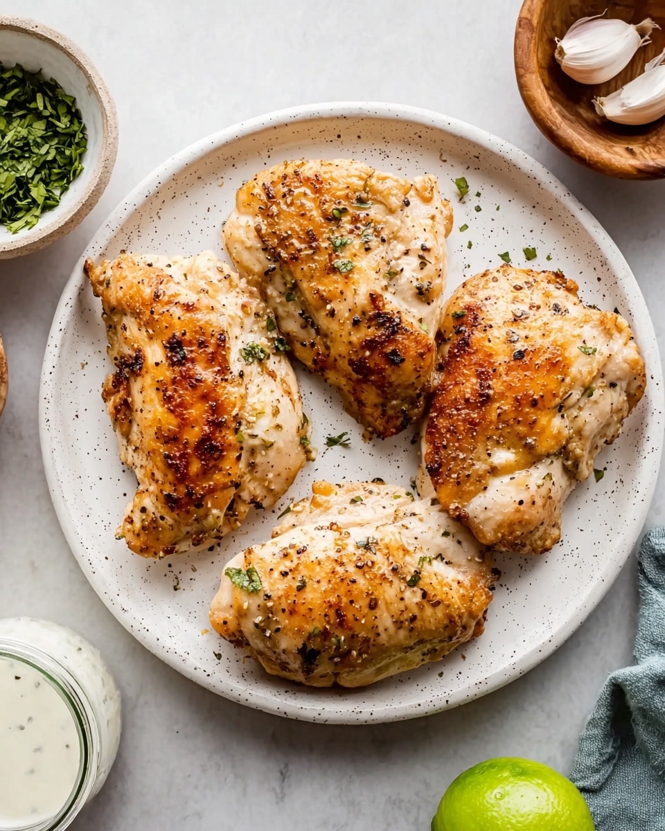 Four cooked chicken pieces with a light brown, slightly spotted surface caused by black pepper and spices are arranged on a large white speckled plate. Each piece has a slightly uneven shape with some golden areas from cooking. The plate sits on a white marbled surface. Around it, there is a small white bowl filled with green herbs on the left, a small wooden bowl with two garlic cloves on the right, a glass jar with white sauce on the bottom left, and a whole lime on the bottom right. photo taken with an iphone --ar 4:5 --v 7