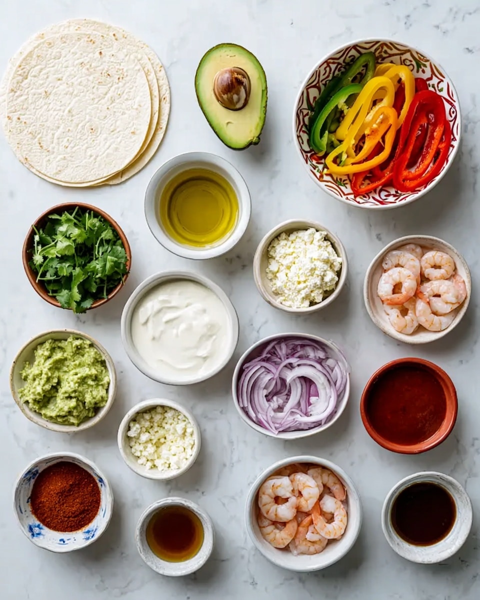 The image shows many small white bowls and plates placed on a white marbled surface, each containing colorful ingredients. Starting on the left, there is a stack of white tortillas, a small bowl of green cilantro leaves, a bowl with white crumbly cheese, and half an avocado with smooth green flesh. Above these are thin slices of red, yellow, and green bell peppers in a white bowl with a decorative pattern inside. Next to them are chopped garlic and honey in small bowls. In the center, a bowl holds sliced red onions, while smaller white bowls contain creamy white sauce, two kinds of sauces—one dark red and one brown—and small amounts of spices like paprika and chili powder in red bowls. There is also a bowl with raw shrimp. The layout is neat and colorful, showing a variety of fresh and raw ingredients ready to be prepared. photo taken with an iphone --ar 4:5 --v 7
