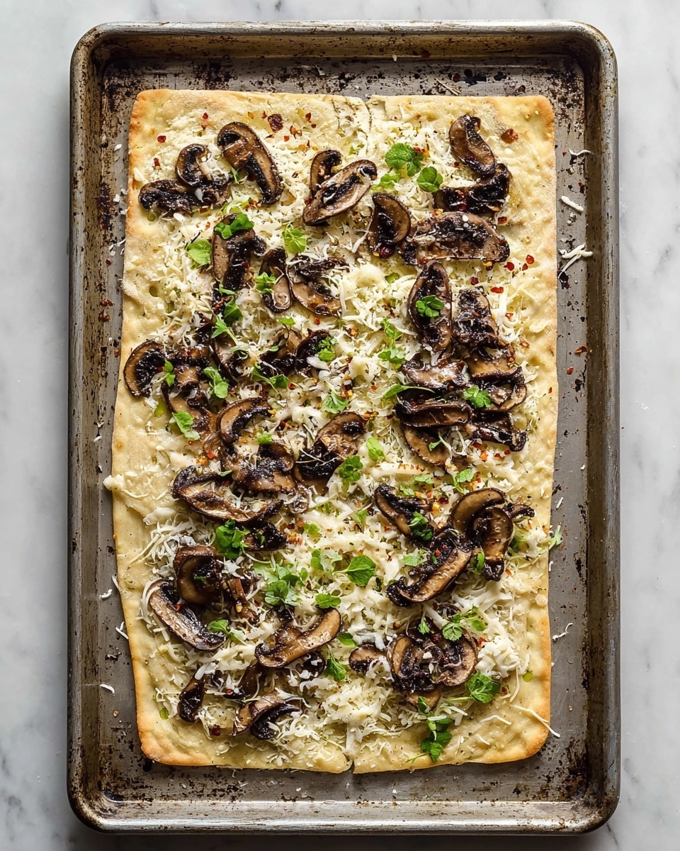 A rectangular flatbread pizza is placed on a metal baking sheet with a worn texture, set on a white marbled surface. The flatbread forms the base layer, light tan with some slight browning and vertical creases. On top, there is a layer of shredded white cheese scattered evenly but not too thick, showing the crust beneath in some areas. Over the cheese, slices of cooked dark brown mushrooms are spread out irregularly, ranging from small to medium size, some with a glossy look from oil. Small green herb leaves are sprinkled across the pizza, adding fresh spots of color. A dusting of finely grated hard cheese flakes lightly covers the top, along with some tiny red chili flakes scattered for a little heat. Photo taken with an iphone --ar 4:5 --v 7
